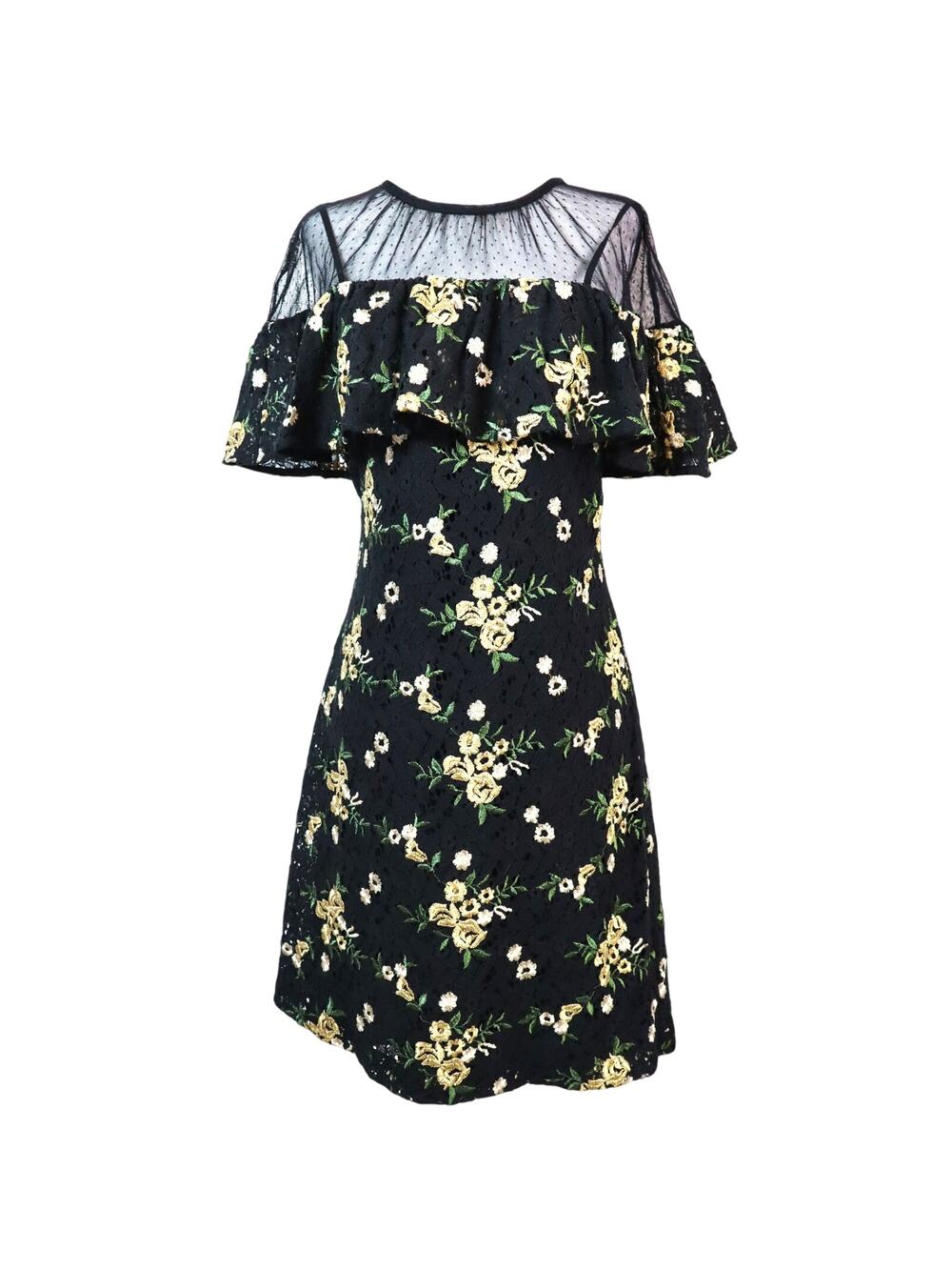 Donna Morgan Black Yellow Floral Short Dress Sheer Lace BOW Embroidered 10 Party